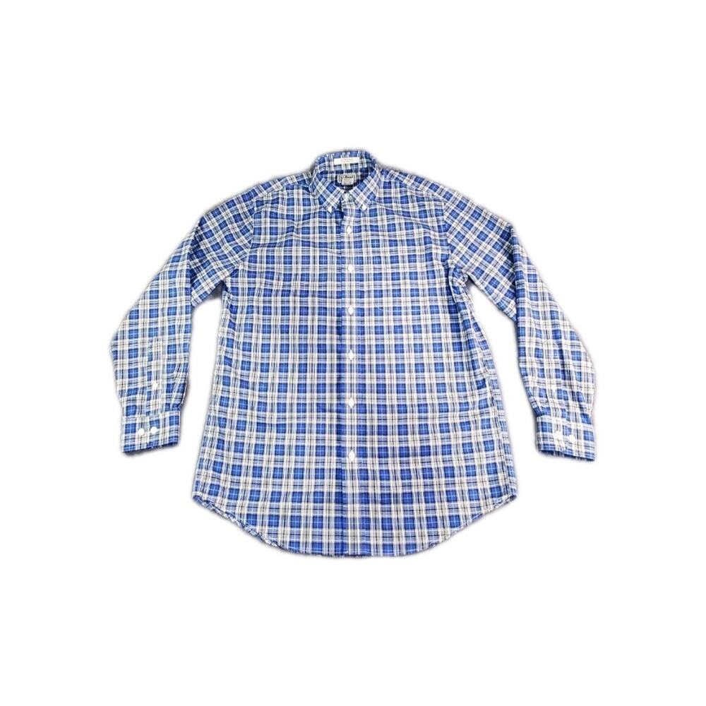 L.L. Bean Plaid Flannel Button Sz M Shirt Blue White Wrinkle Free Mens Cotton 31